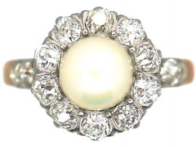 French Belle Epoque 18ct Gold & Platinum Cluster Ring set with a Natural Pearl & Diamonds