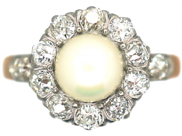 French Belle Epoque 18ct Gold & Platinum Cluster Ring set with a Natural Pearl & Diamonds