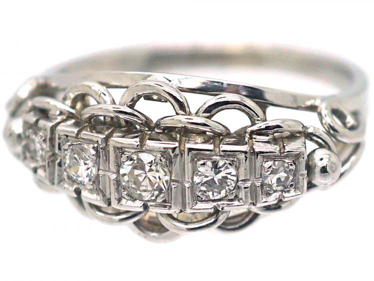 French Art Deco 18ct White Gold Ring set with Five Diamonds