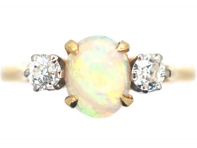 18ct Gold Three Stone Opal & Diamond Ring