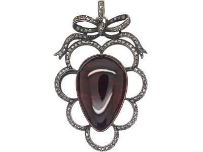 Victorian Silver & 18ct Gold, Cabochon Garnet & Rose Diamond heart Shaped Pendant with Bow Top