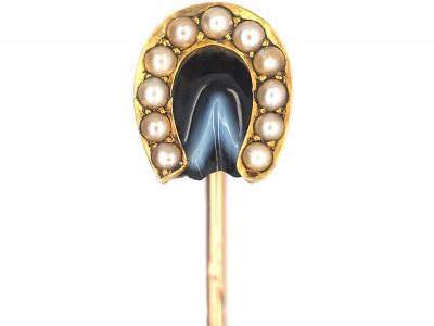 Victorian 18ct Gold Horseshoe Tie Pin set with a Banded Sardonyx & Natural Split Pearls