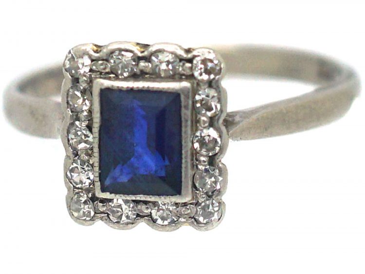 Art Deco 18ct White Gold & Platinum, Sapphire & Diamond Rectangular Ring