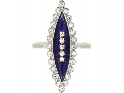 18ct White Gold, Blue Enamel & Diamond Marquise Ring