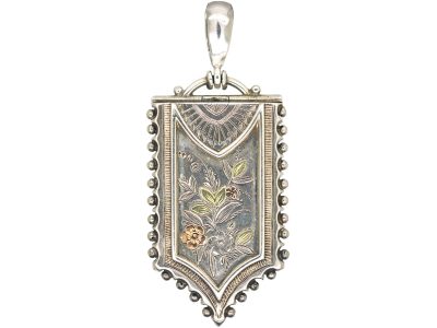 Victorian Silver & Gold Overlay Shield Shaped Locket Engraved with Flowers