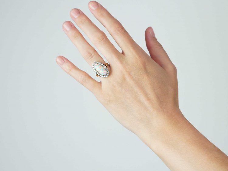 Edwardian 18ct Gold Large Opal & Diamond Oval Cluster Ring