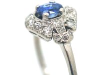 Art Deco Platinum, Sapphire & Diamond Cluster Ring with Ornate Shoulders