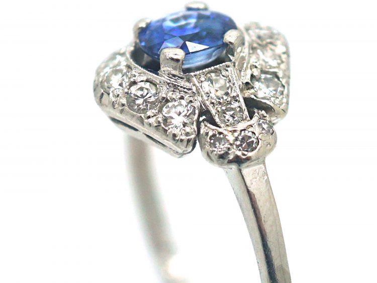 Art Deco Platinum, Sapphire & Diamond Cluster Ring with Ornate Shoulders