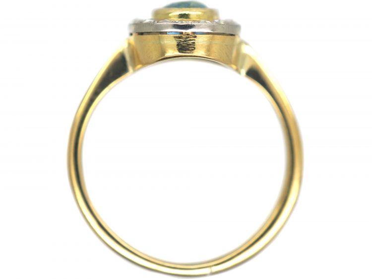Edwardian 18ct Gold & Platinum, Aquamarine & Rose Diamond Oval Cluster Ring with Millgrain Detail