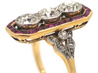 French 18ct Gold & Platinum, Art Deco 18ct Gold & Platinum, Ruby & Diamond Rectangular Ring