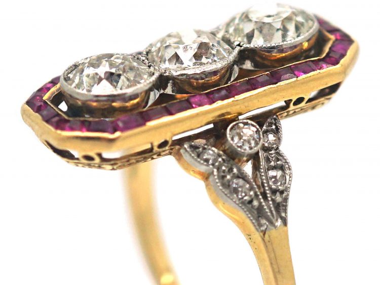 French 18ct Gold & Platinum, Art Deco 18ct Gold & Platinum, Ruby & Diamond Rectangular Ring