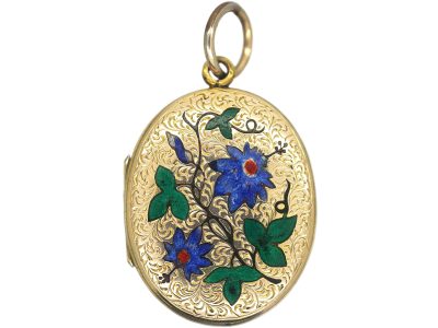 Victorian Oval 9ct Gold Back & Front Locket with Enamelled Passion Flowers