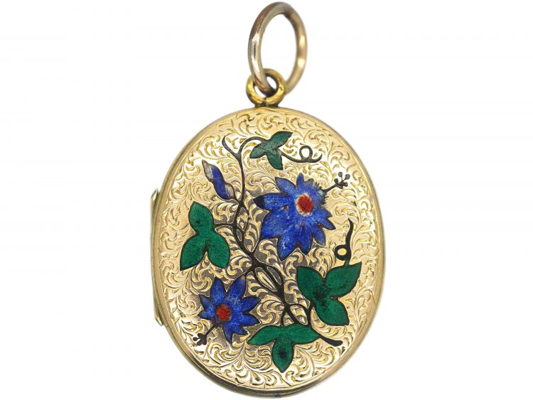 Victorian Oval 9ct Gold Back & Front Locket with Enamelled Passion Flowers
