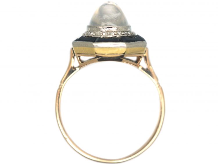 Art Deco 14ct Gold & Platinum, Moonstone, Rose Diamond & Onyx Octagonal Shaped Ring