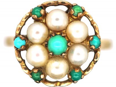 1960s 9ct Gold Pearl & Turquoise, “Flower Power” Cluster Ring