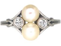 Art Deco Platinum, Natural Pearl & Diamond Ring