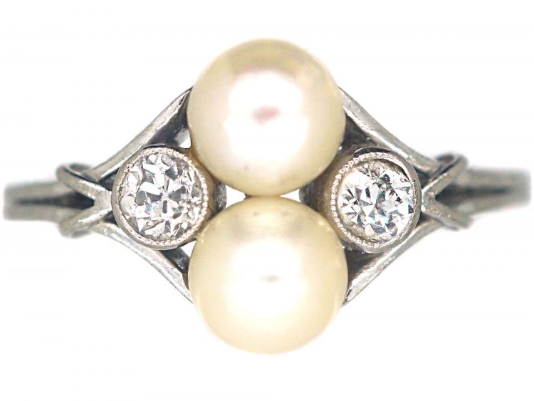 Art Deco Platinum, Natural Pearl & Diamond Ring