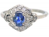 Art Deco Platinum, Sapphire & Diamond Cluster Ring with Ornate Shoulders
