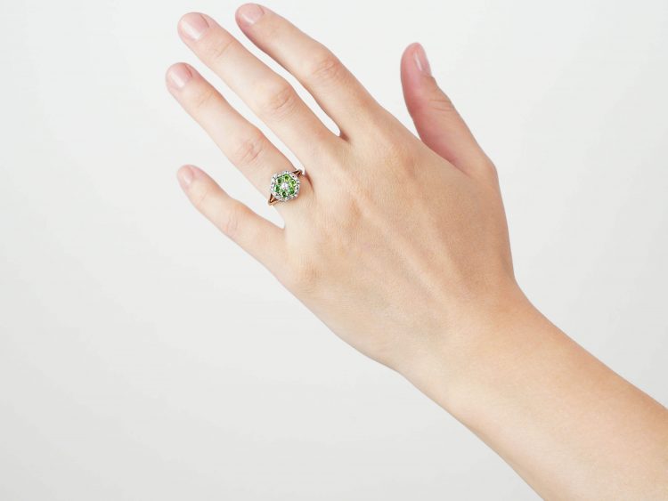 Edwardian 18ct Gold, Green Garnet & Diamond Cluster Ring