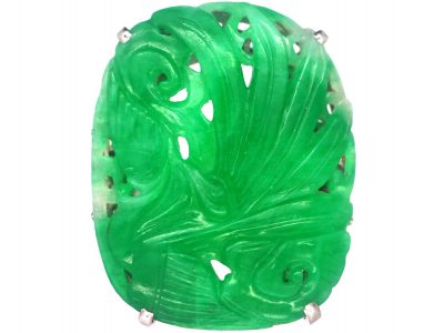 Art Deco French Platinum & Carved Jade Ring of a Peacock