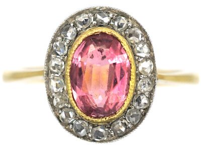 Edwardian 18ct Gold, Pink Tourmaline & Rose Diamond Oval Cluster Ring