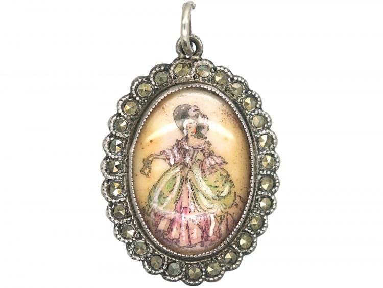1930s Silver & Marcasite Pendant with Miniature of Lady