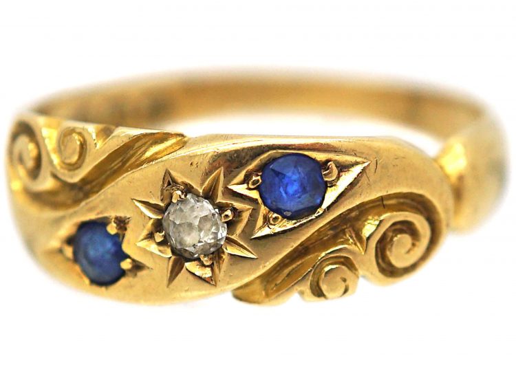Edwardian 18ct Gold, Sapphire & Diamond Scroll Design Ring