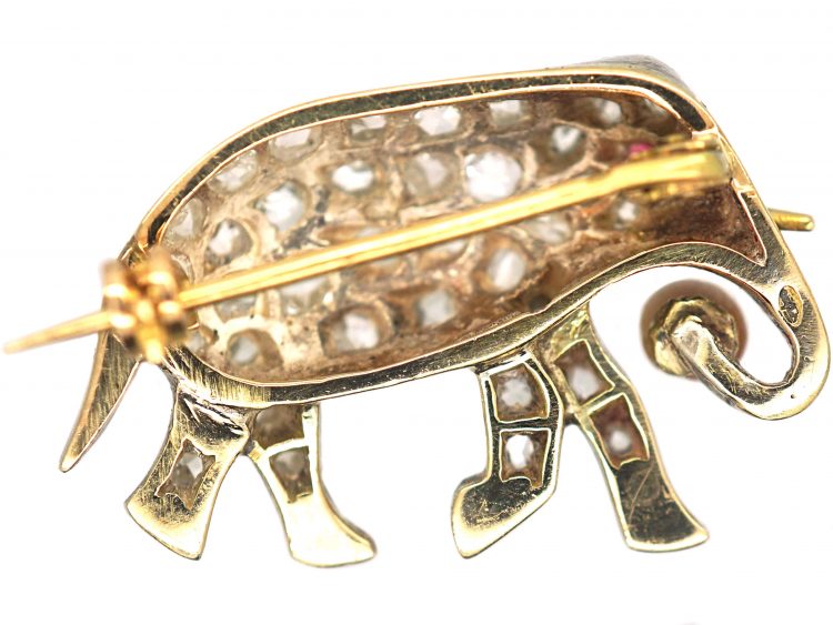 Edwardian Elephant Brooch set with Diamonds, Ruby & a Natural Pearl