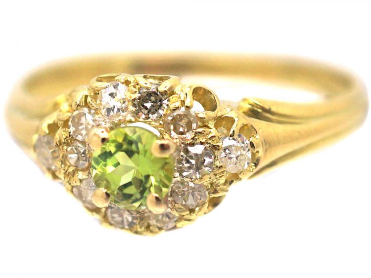 Edwardian 18ct Gold , Peridot & Diamond Cluster Ring