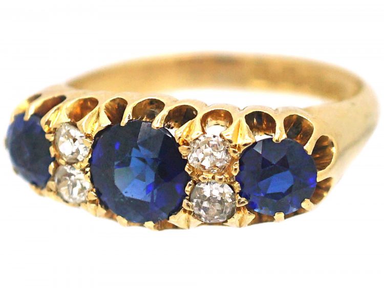 Edwardian 18ct Gold, Three Stone Sapphire & Diamond Ring