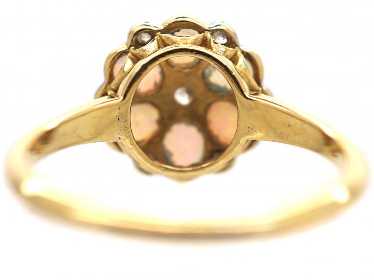 Edwardian 18ct Gold & Platinum, Opal & Diamond Flower Cluster Ring