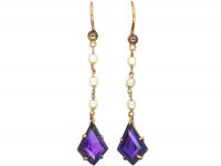 Art Deco 15ct Gold, Kite Shaped Amethyst & Natural Pearl Drop Earrings