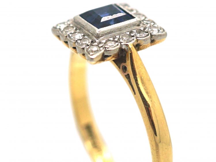 Art Deco 18ct Gold & Platinum, Sapphire & Diamond Square Shaped Ring