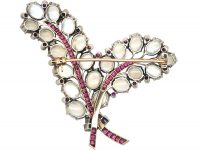 Retro 14ct White & Rose Gold, Moonstone, Diamond & Ruby Double Fern Leaf Brooch attributed to Trifari