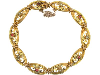 French Belle Epoque Three Colour 18ct Gold Bracelet set with Rubies & Natural Split Pearls