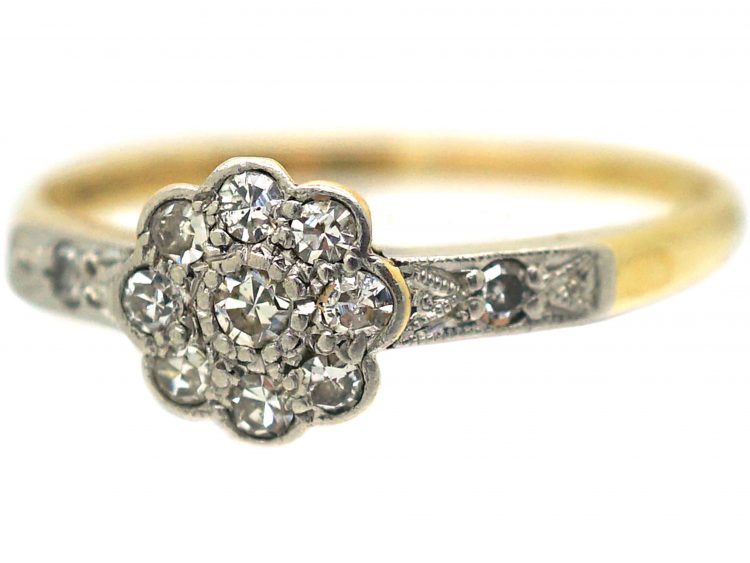 Edwardian 18ct Gold & Platinum Diamond Cluster Ring with Diamond Set Shoulders