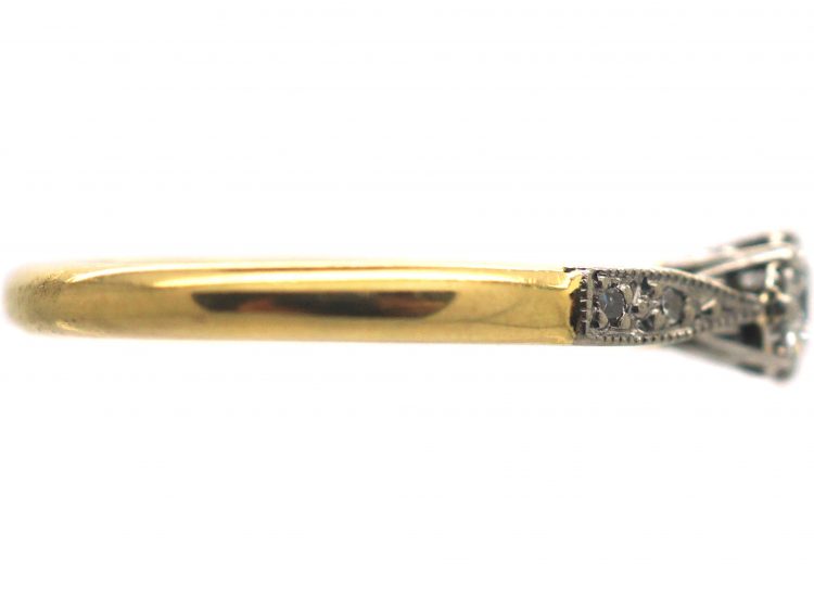 Art Deco 18ct Gold & Platinum, Diamond Solitaire Ring with Diamond Set Shoulders
