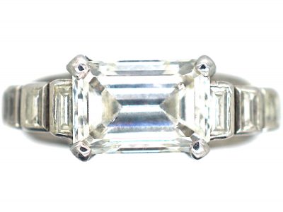 French Art Deco 18ct White Gold, East-West Emerald Cut Diamond Seven Stone Ring