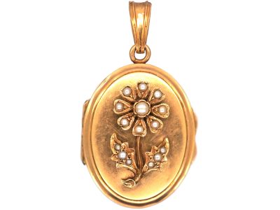 French 19th Century 18ct Gold Oval Locket with Natural Split Pearl Flower Motif