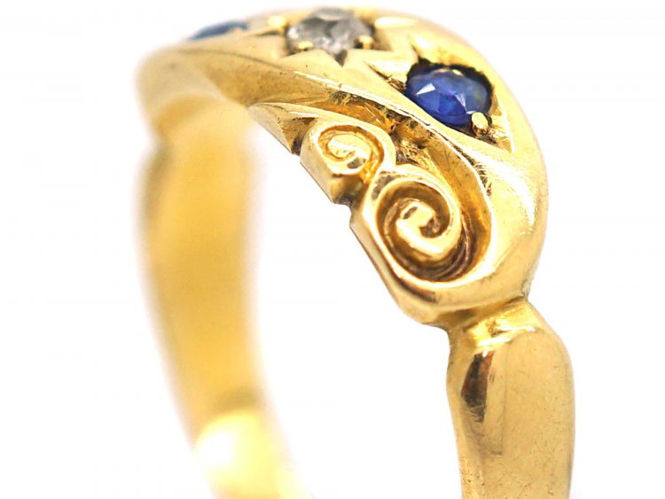 Edwardian 18ct Gold, Sapphire & Diamond Scroll Design Ring