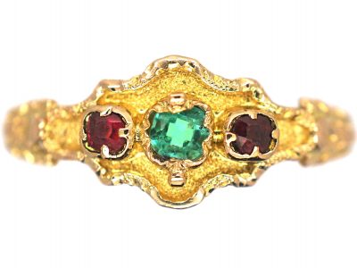 Regency 15ct Gold Emerald & Ruby Three Stone Ring with Ornate gold Decoration