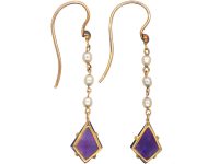 Art Deco 15ct Gold, Kite Shaped Amethyst & Natural Pearl Drop Earrings