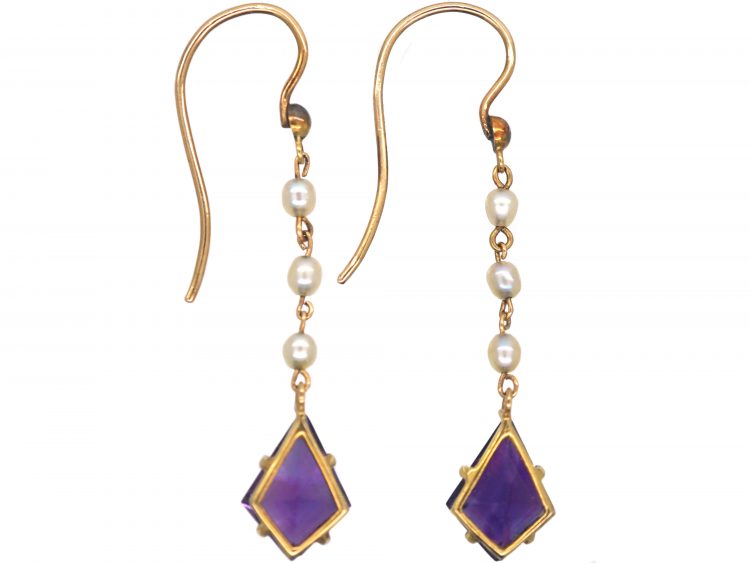 Art Deco 15ct Gold, Kite Shaped Amethyst & Natural Pearl Drop Earrings