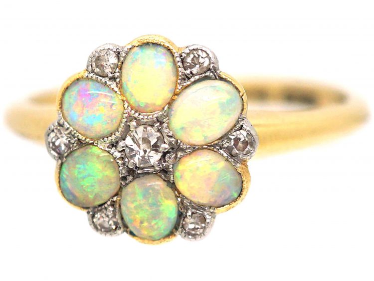 Edwardian 18ct Gold & Platinum, Opal & Diamond Flower Cluster Ring
