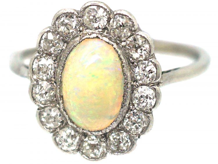 Art Deco Platinum, Opal & Diamond Cluster Ring