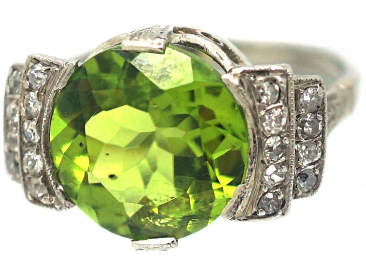 French Art Deco Platinum, Peridot & Diamond Ring