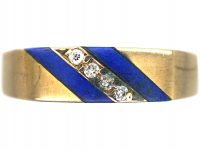 9ct Gold Stripy Blue Enamel & Diamond Ring