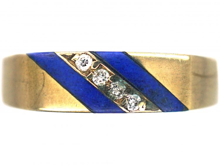 9ct Gold Stripy Blue Enamel & Diamond Ring