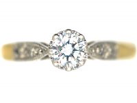 Art Deco 18ct Gold & Platinum, Diamond Solitaire Ring with Diamond Set Shoulders