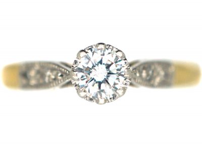 Art Deco 18ct Gold & Platinum, Diamond Solitaire Ring with Diamond Set Shoulders